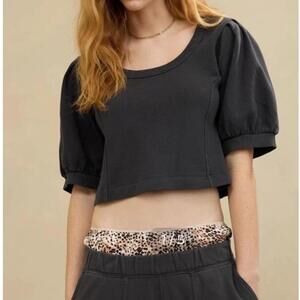 Aerie Seams Right Sweatshirt Cropped Milkmaid Puffed Sleeve Black Sz S